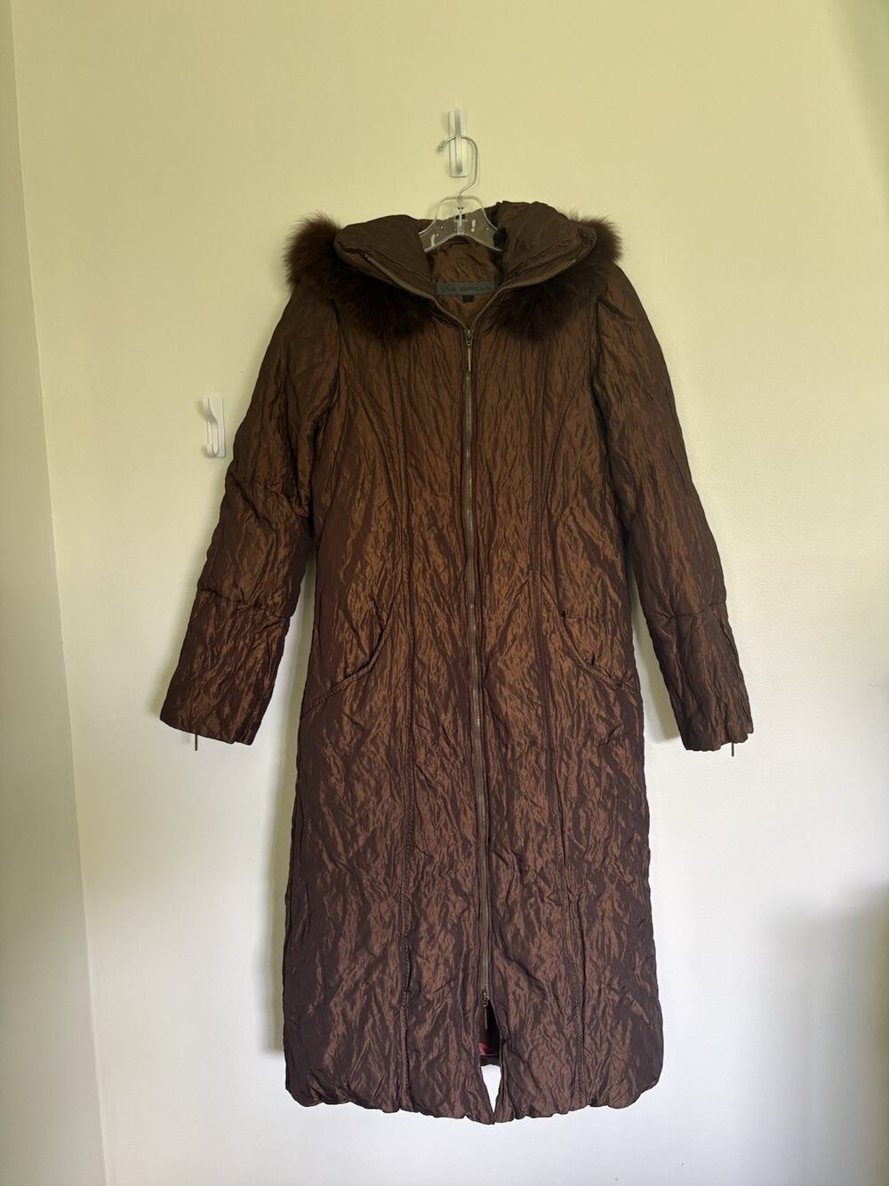 Via Spiga Vtg Y2K Metallic Brown Fur Down Puffer Coat Size Small